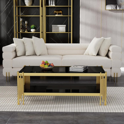 Henf 3-Piece Black Glass Living Room Table Set, 2-Tier Glass Coffee Table & 2 End Tables, Luxury Gold Coffee Table Set of 3 with Shining Golden Frame for Living Room Apartment Office