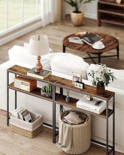 VASAGLE Console Table, 2-Tier Narrow Sofa Table with 2 Shelves, 7.9 x 31.5 x 31.5 Inches, for Living Room, Hallway, Entryway, Rustic Brown and Ink Black ULNT130K01V1
