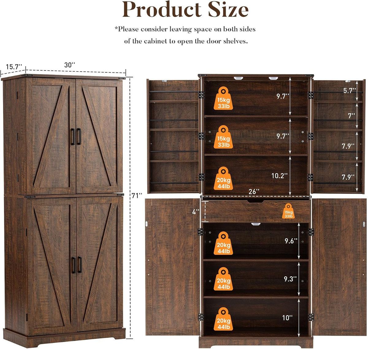 HOMPUS 71" Tall Kitchen Pantry Cabinet with Doors and Drawer, Farmhouse Storage Cabinet with Adjustable Shelves, Rustic Wood Cupboard for Kitchen, Dining Room, Living Room, Bathroom, Rustic Brown