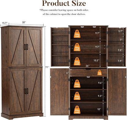 HOMPUS 71" Tall Kitchen Pantry Cabinet with Doors and Drawer, Farmhouse Storage Cabinet with Adjustable Shelves, Rustic Wood Cupboard for Kitchen, Dining Room, Living Room, Bathroom, Rustic Brown
