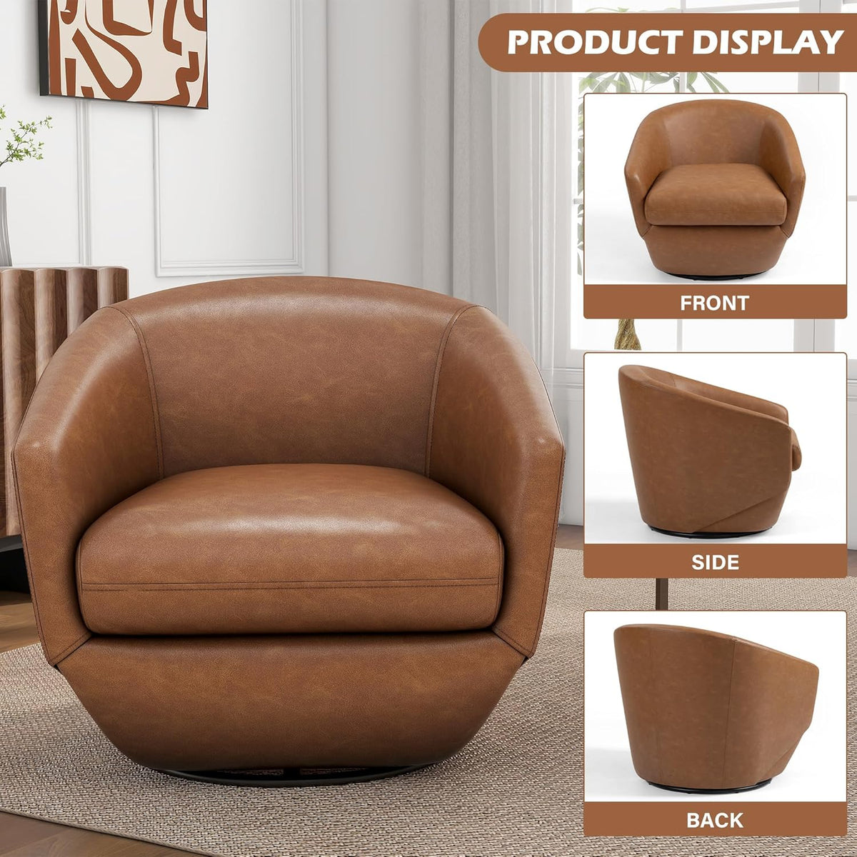 360° Swivel Barrel Accent Chair, PU Leather Upholstered Club Armchair for Living Room, Modern Round Arm Chair Single Sofa Bedroom Reading Seating (Brown)