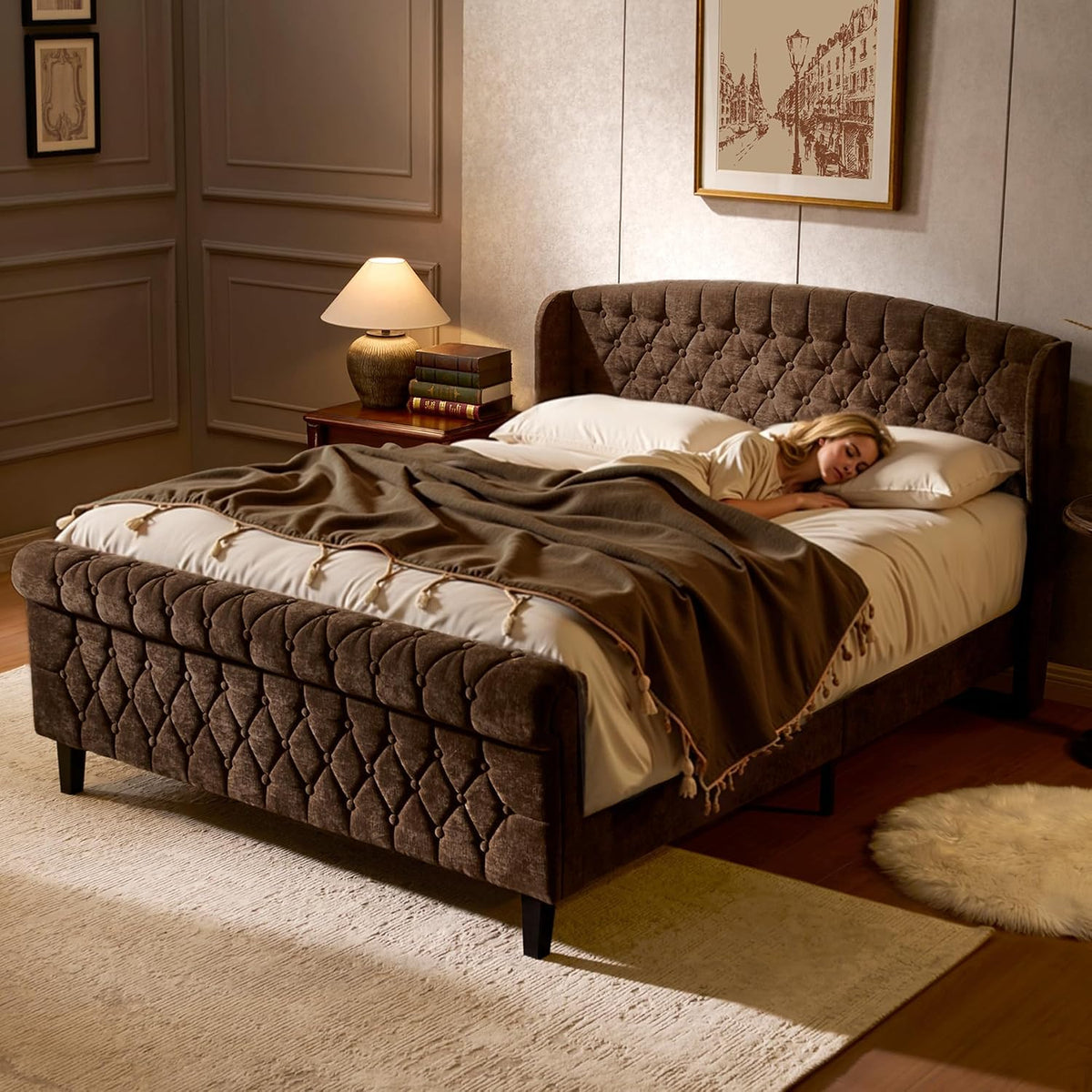BedsPick Brown Upholstered Queen Bed Frame with 42" Wingback Headboard, Sleigh Queen Size Bed Frame with Button Tufted Scroll Footboard, Wood Slats Support/No Noise/Easy Assembly/No Box Spring Needed