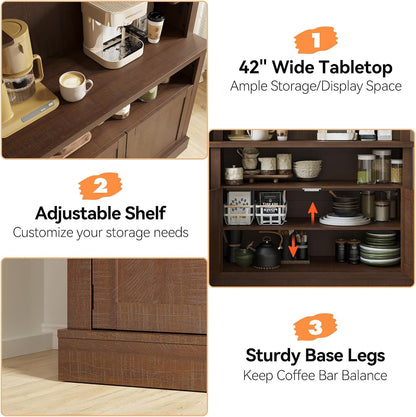 72" Tall Farmhouse Coffee Bar Cabinet with LED Lights – Kitchen Pantry Hutch, Adjustable Shelves, Glass Shelf, Wine Rack, Microwave Stand – Sideboard for Dining/Living Room – Brown-Red
