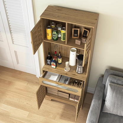 Kitchen Pantry Cabinet, Handmade Woven Wood Rustic Buffet Hutch Cabinet with Storage Drawer & Adjustable Shelf, Farmhouse Tall Cupboard Microwave Stand Coffee Bar for Kitchen, Dining Room, Living Room