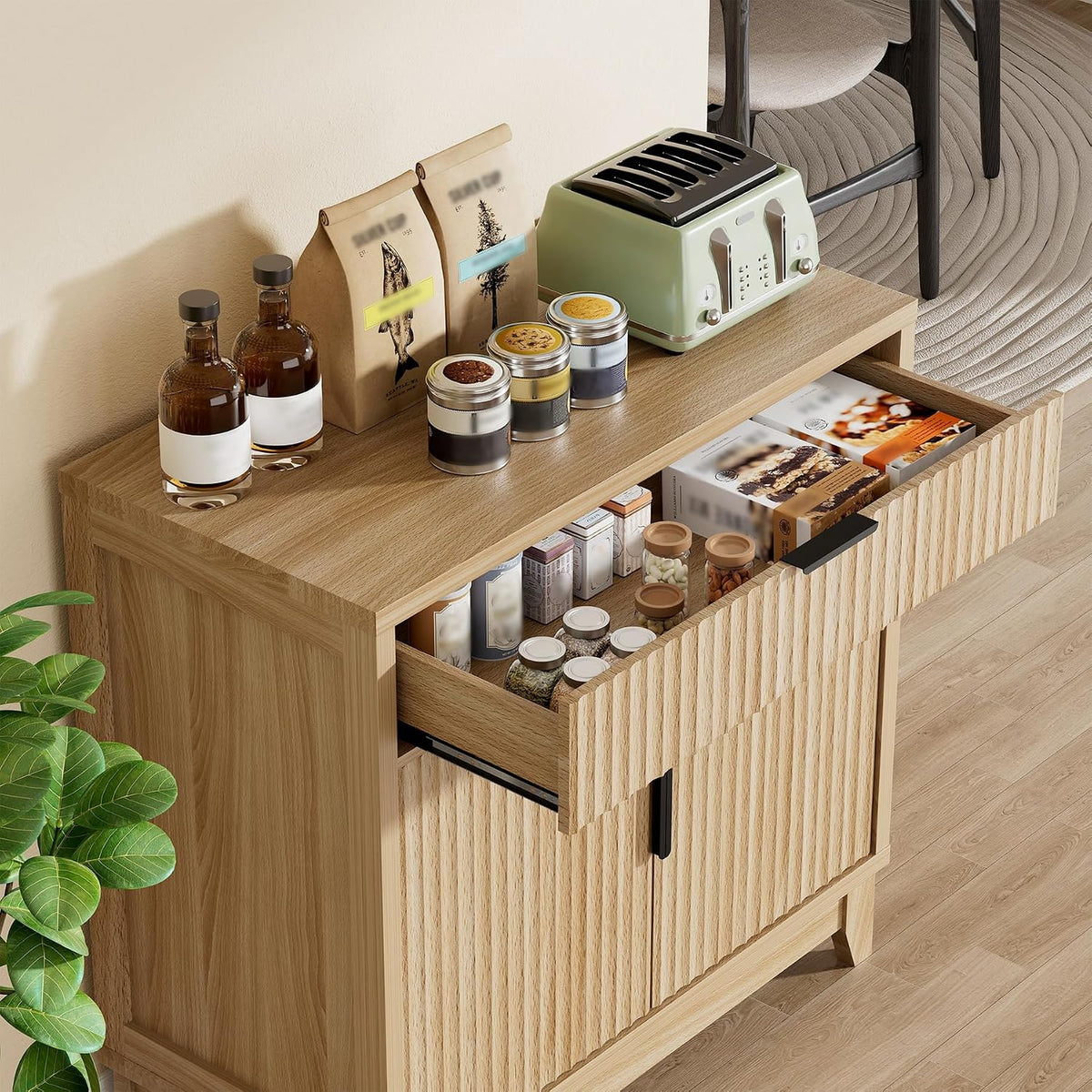 Vabches Fluted Sideboard Buffet Cabinet with Storage, 32" Coffee Bar Console Table with Drawer, Fluted Doors & Adjustable Shelf, Wood Small Buffet Cabinet for Living Room, Kitchen Dining Room, Oak