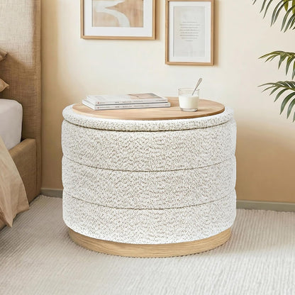 Round Storage Ottoman with Tray Lid, Folding Chenille Fabric Footrest with Hidden Storage, 22.8" Large Footstool Side Table for Dorm Living Room Bedroom, Wood Grain Base, Cream White
