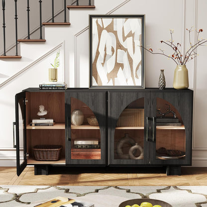 JOINICE Sideboard Buffet Cabinet with Storage,63” Modern Accent Console Cabinet with Glass Doors,Arched Credenza Storage Cabinet with Adjustable Shelves for Entryway,Kitchen,Black