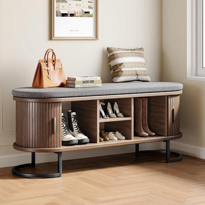 Decofy Shoe Storage Bench with Cushion and Sliding Doors, 47.2 Inch Shoe Bench with Storage, Freestanding Entryway Bench with Storage, Sturdy Metal Feet, for Hallway & Entrance Hall, Walnut