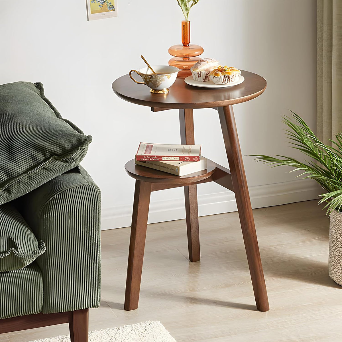 Side Table, 2-Tier Round End Tables Living Room, Mid Century Modern Side Table, Round Nightstand, Oak Accent Table, Small Round Coffee Table, 16.54" Dia.x 23.62" H(Walnut)