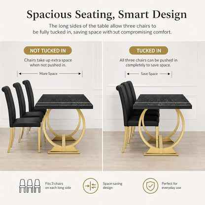 Asday 77" Wooden Dining Table for 6-8, Modern Rectangular Large Kitchen Table with Gold Polished Stainless Steel U-Shaped Base for DiningRoom Kitchen Dinner Home