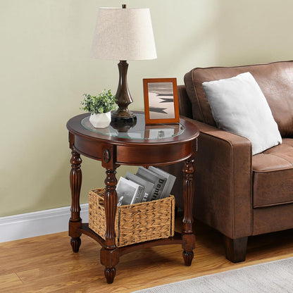 Vintage Solid Wood Oval End Table with Tempered Glass Top, 28"x24" Side Table with Carved Edge, Cherry Walnut Finish for Living Room