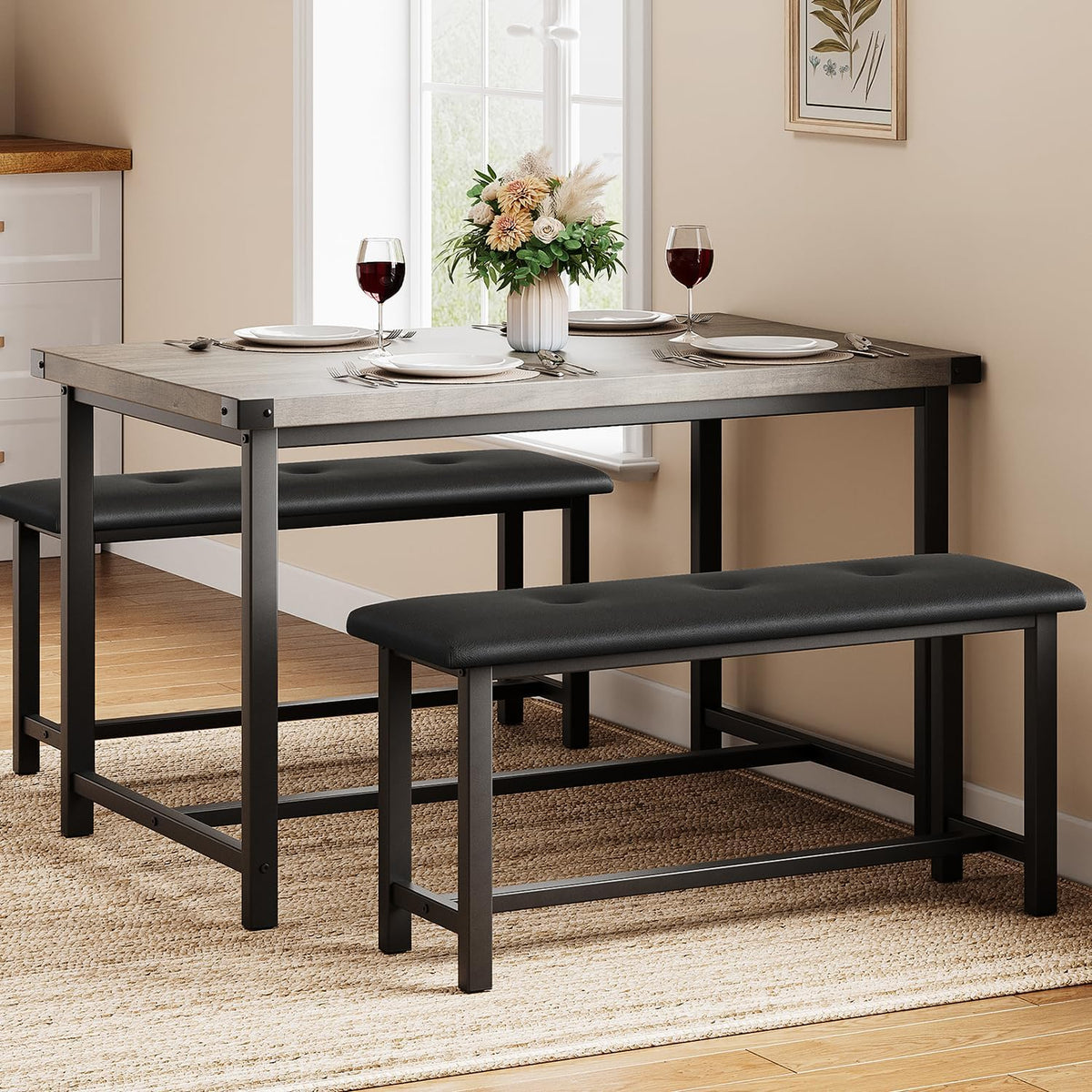 GAOMON Dining Table Set for 4, Kitchen Table with 2 Upholstered Benches, 3 Piece Dining Room Table Set, Rectangular Space Saving Kitchen Table Set for Apartment, Studio, Home, Rustic Gray