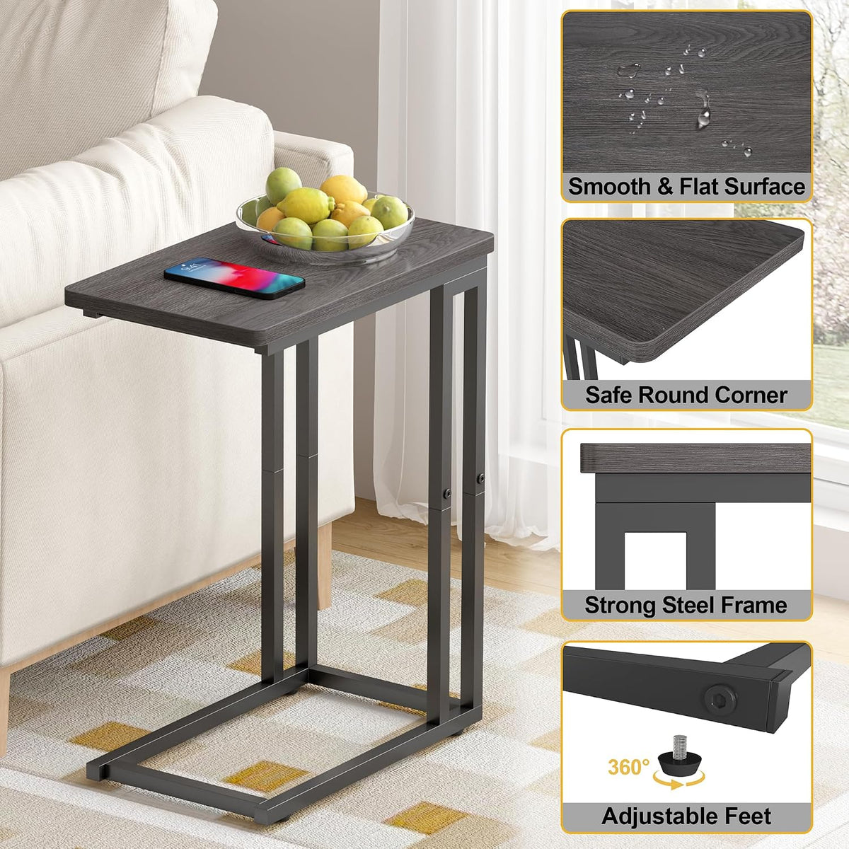 Yusong C Shaped End Table - Slide Under Sofa Couch Bed, Small Table for Small Spaces, Skinny Overbed, Coffee Drink Snack Table for Living Room, Grey Oak