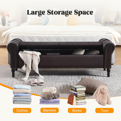Faux Leather Storage Bench 67 Inch Upholstered Tufted Ottoman Bench with Arms Large Storage Space King Size End of Bed Bench for Bedroom Living Room Entryway Whiskey Coffee