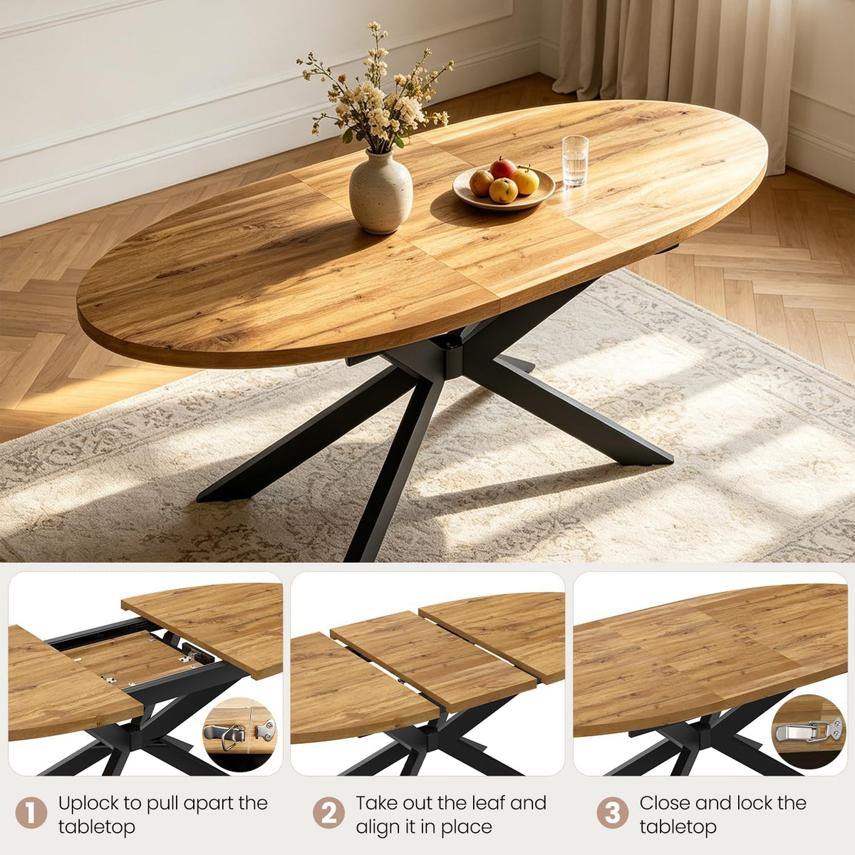 63"-78.7" Extendable Oval Dining Table Set for 4 | 5 Piece Large Round Walnut Table Set, 4 Brown PU Dining Chairs, Living Room, Kitchen, Space Saving, Mid Century Modern
