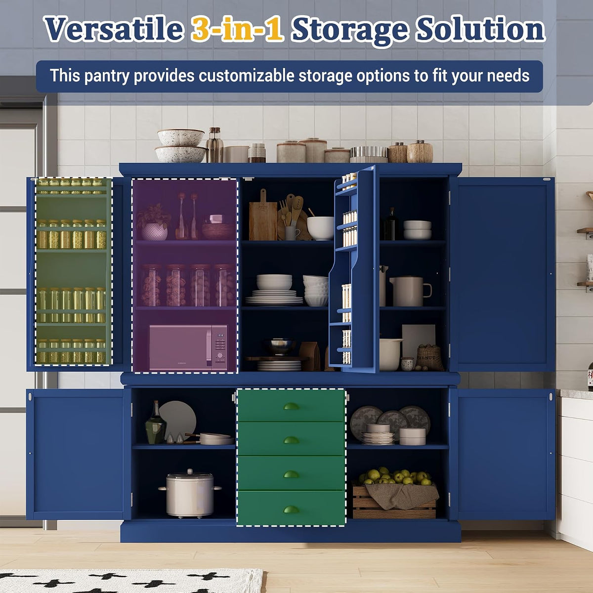 Merax 73''H Freestanding Wooden Kitchen Pantry Storage Cabinet, Organizers with 2 Upper & 2 Bottom Cabinets & 4 Drawers & 8 Adjustable Shelves, Anti-Tipping Device Cupboard for Dining Room, Blue