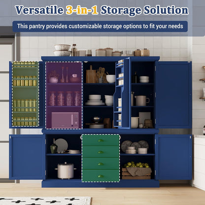 Merax 73''H Freestanding Wooden Kitchen Pantry Storage Cabinet, Organizers with 2 Upper & 2 Bottom Cabinets & 4 Drawers & 8 Adjustable Shelves, Anti-Tipping Device Cupboard for Dining Room, Blue