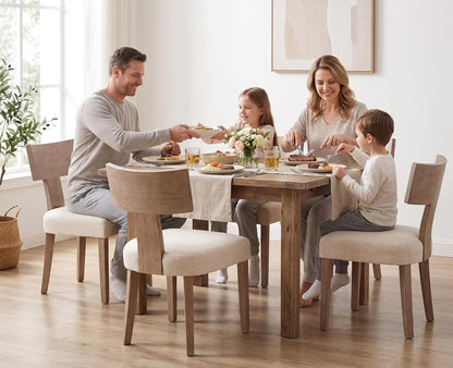 Linen Dining Chairs Set of 6 with Natural Wood Legs, Farmhouse Upholstered Side Chair with Curved Backrest for Living Room/Restaurant, Beige-Light Brown Legs