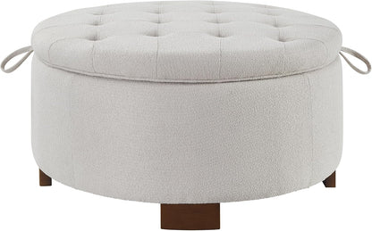 30'' Round Ottoman with Storage, Oversized Ottoman Coffee Table with Reversible Lid and Wooden Legs, Boucle Upholstered Tufted Footstool, Dual-Purpose Seat & Table for Living Room Bedroom, Beige
