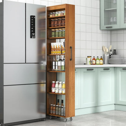KEIKI 7 Tier Pull-Out Kitchen Pantry Storage Cabinet, Multi-Tier Single-Sided Open Shelf, Spice Rack Next to Fridge, Wood Hutch Food Pantries Cupboard for Coffee Bar, Dining Room, Narrow Spaces