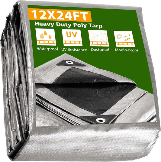 Yescom 12x24 Ft 14 Mil Heavy Duty Reinforced Poly Tarp Reversible Waterproof Tarpaulin Ground Sheet Cover Reversible Silver Black Tarps