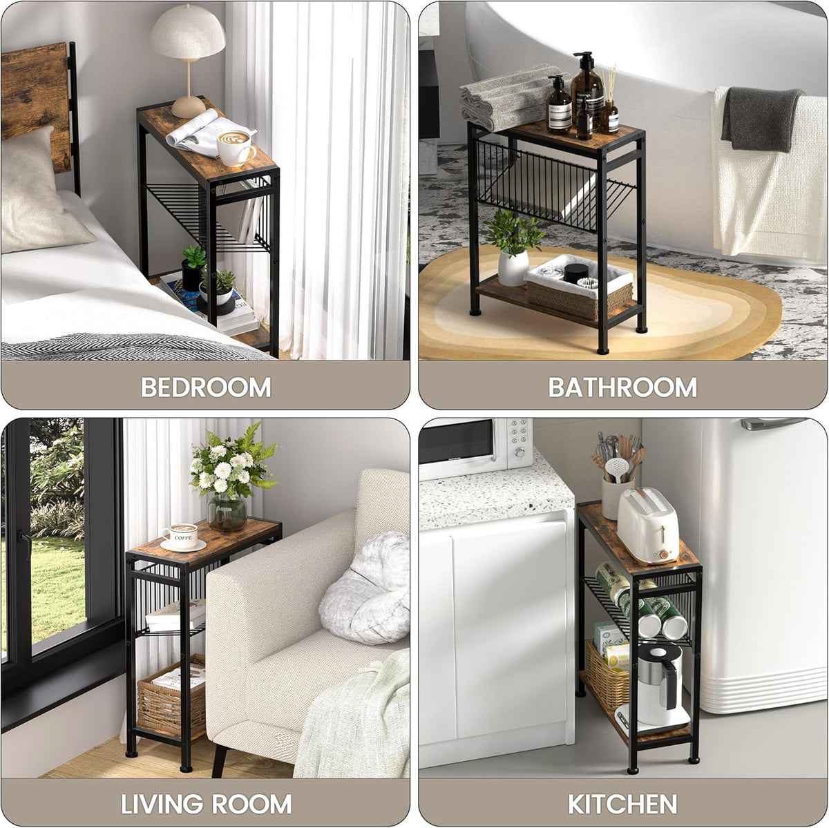 Small Side Table for Small Space, 3-Tier Narrow End Table with Magazine Holder,Slim Nightstand, Skinny Snack Couch Table in Living Room, Bedroom Study and Balcony (Rustic Brown &Black)
