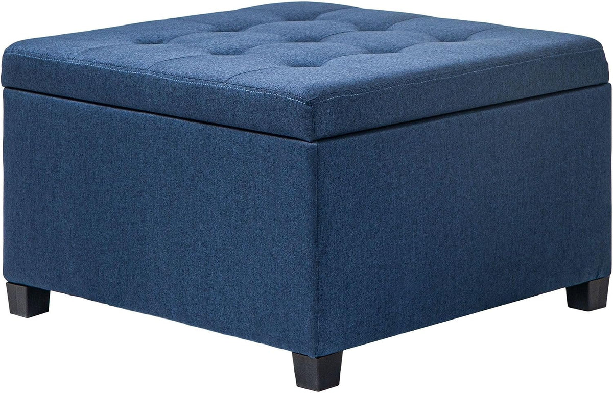 Round Storage Button Tufted Flip Top Ottoman in Deep Blue Velvet Fabric Comfortable Upholstery and Modern Design
