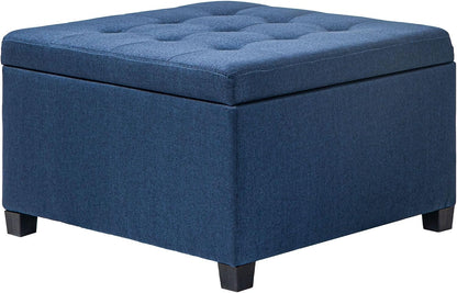Round Storage Button Tufted Flip Top Ottoman in Deep Blue Velvet Fabric Comfortable Upholstery and Modern Design