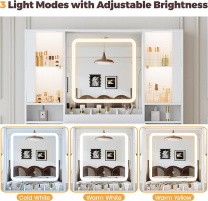 BORNOON Vanity Desk with Mirror and Lights, Makeup Vanity with 7 Drawers, 2 Glass Door Cabinets, Charging Station, Adjustable Shelves, RGB Lighting, Holder