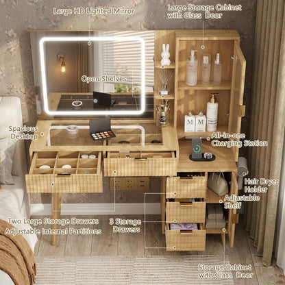49" Wooden Vanity Desk with Mirror and Lights, Fluted Boho Makeup Vanity Table with Modern Glass Top, Charging Station, 5 Drawers, 2 Cabinet with Adjustable Shelves, Light Wood