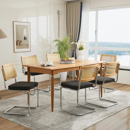 Rattan Back Linen Dining Chair Set of 6 Modern Stainless Chrome Base Armless Upholstered Side Chair for Dining Room, Kitchen Island,Black