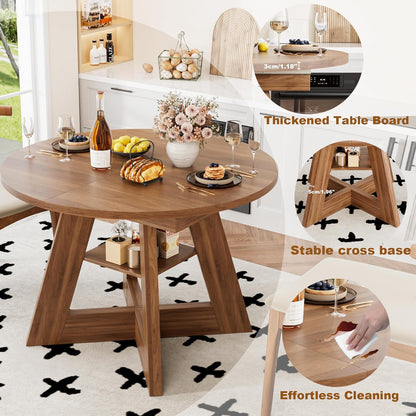 43.3in-59in Extendable Dining Table for 4-6, Round Kitchen Dining Room Table with Removable Leaves Space Saving, Space Saving, Wooden Cross Base with Storage Shelf for Kitchen Living Room (Walnut)