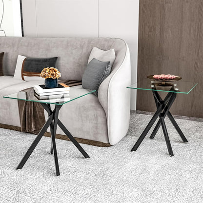 Modern Square End Table with Glass Top, Glass End Side Table for Living Room Office, 17.72 x 17.72 x 20.87 inches, Black Metal X-Base, Adjustable Feet (2, Black)