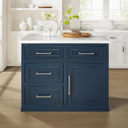 Crosley Furniture Cutler Faux Marble Top Kitchen Island with Storage, Breakfast Bar, Microwave Stand, Navy