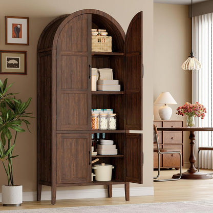 ONBRILL 71" Tall Wooden Arched Cabinet, 5-Tier Arched Kitchen Pantry Cabinet with Doors & Shelves, Farmhouse Kitchen Arch Cabinets with Adjustable Feet, Wooden Pantry Storage for Dining Room(Brown)