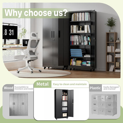 Metal Storage Cabinet with Wheels, 73" H Garage Storage Cabinet with Doors and Adjustable Shelves, Heavy Duty Locking Tool Cabinet Utility Cabinets for Home Office, Garage, Warehouse (Black)