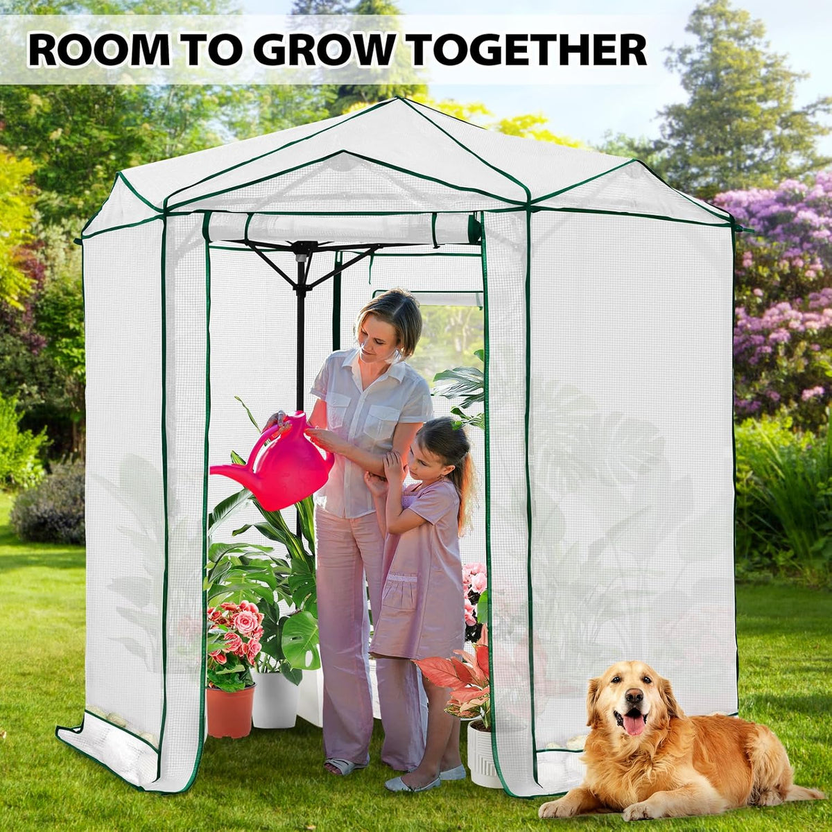 EAGLE PEAK 6.6x6.6 ft Hexagon Pop up Greenhouse, Portable Walk-in Grow Tent for Seed Starting, Garden Plants, Indoor Outdoor Green House, All-Weather Plant Shelter, PE Cover, White/Clear