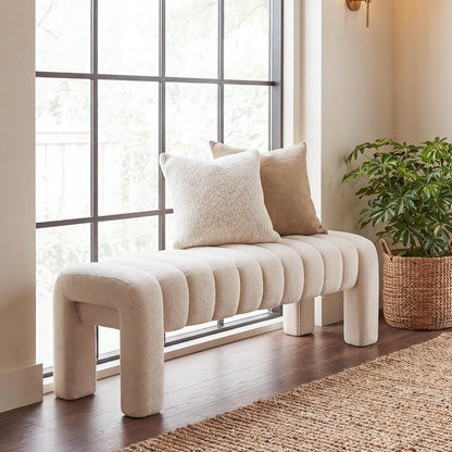43.3" Bedroom Bench, Upholstered Entryway Bench, Modern End of Bed Ottoman with Solid Wood Legs and Adjustable Foot Pegs for Entryway, Dining Room and Living Room (Beige Linen)