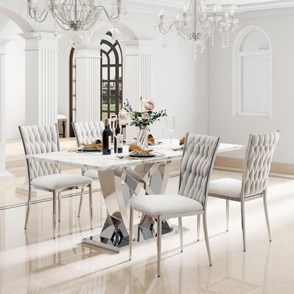 Modern Dining Chairs Set of 4, Light Grey Velvet Woven Kitchen Chair with Silver Metal Legs, Upholstered Cushion & High Back Design, Mid-Century Dining Chairs for Kitchen, Living Room