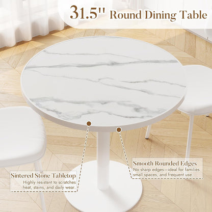 31.5'' Tulip Table, Round Pedestal Dining Table with Sintered Stone Tabletop, White Aluminum Alloy Edge & Base, Bistro Table for 2-4 Person for Kitchen/Cafe/Small Spaces/Restaurant (Snow Peak Marble)