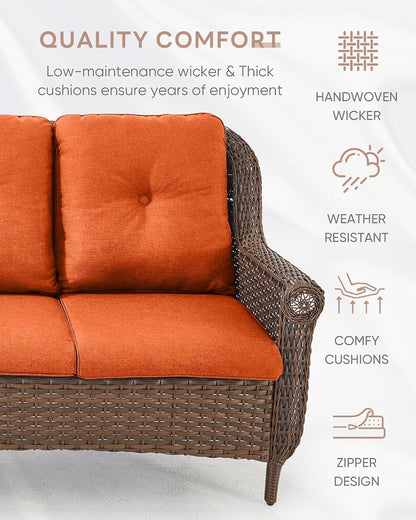 Patio Couch Outdoor Wicker Sofa - Heavy Duty All-Weather Brown Rattan 3-Seater with High Back and Comfy Thick Cushions for Garden Back Porch Poolside Apartment - Orange
