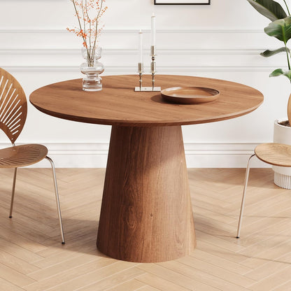 43" Round Dining Table Modern for 4, Natural Wood Grain Circle Kitchen Table with Cone Wood Pedestal Base, Mid Century Circular Dining Table for Living Room, Walnut