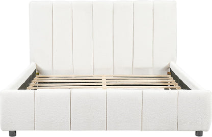 Merax Boucle Upholstered Queen Bed Frame with 42.7" High Headboard & 3.9" Thick, Vertical Stripe Tufting Design, Modern Queen Size Platform Bed, Solid Wood Support Leg, Bear 600Lbs, Off White