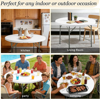 HAISIWLKJ 5FT Round Folding Table White Fold-in-Half with Carrying Handle Portable Plastic Table for Outdoor or Indoor Dining,Wedding, Camping,Party Table