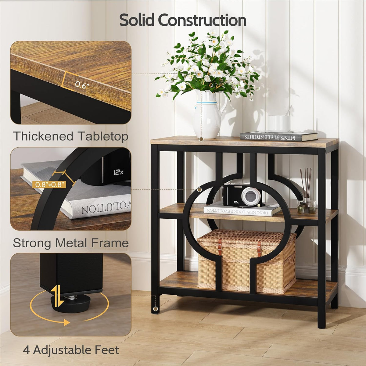 End Table Set of 2, Narrow Side Table with 3-Tier Storage Shelves, Wood Sofa Side Table with Geometric Metal Frame for Living Room, Industrial Bedside Nightstand for Bedroom (Brown)