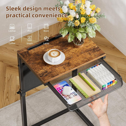 Simple Trending Side Table, C Shaped End Table with Charging Station, Couch Table with Storage Bag, Adjustable Height, Rustic Brown