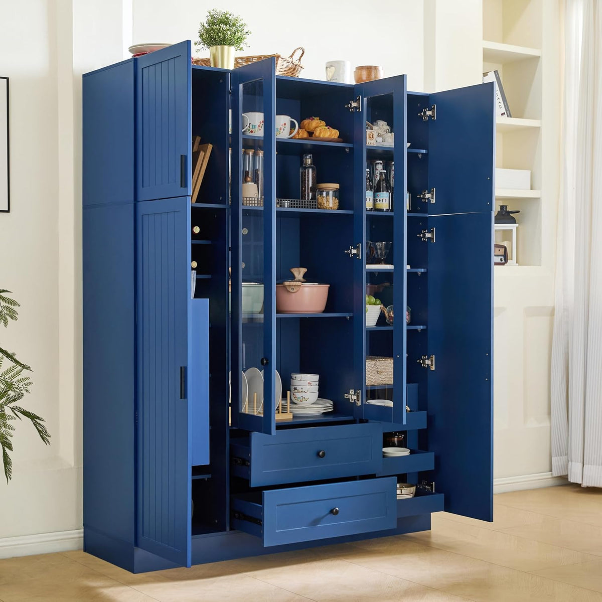 Modern Pantry Storage Cabinet with Adjustable Shelves and Drawers, 6 Doors Wood Cupboard with Pull-Out Trays and Wine Rack for Dining Room, Kitchen (Blue)