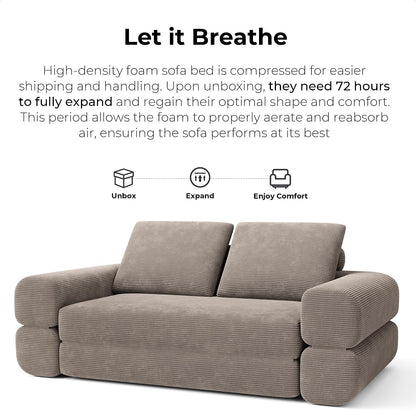 LIKIMIO FlipNest Convertible Sleeper Sofa Bed Floor Sofa 3-in-1 No Assembly, Foldable Mattress with Corduroy Upholstery Light Brown, Lounge Loveseat Couch for Living Room Studio Guest Room