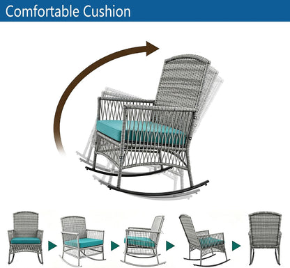 DECMICO Outdoor Rattan Wicker Rocking Chair, 3 Pieces Patio Conversation Furniture Bistro Sets with Side Table and Cushions for Porch Garden and Balcony