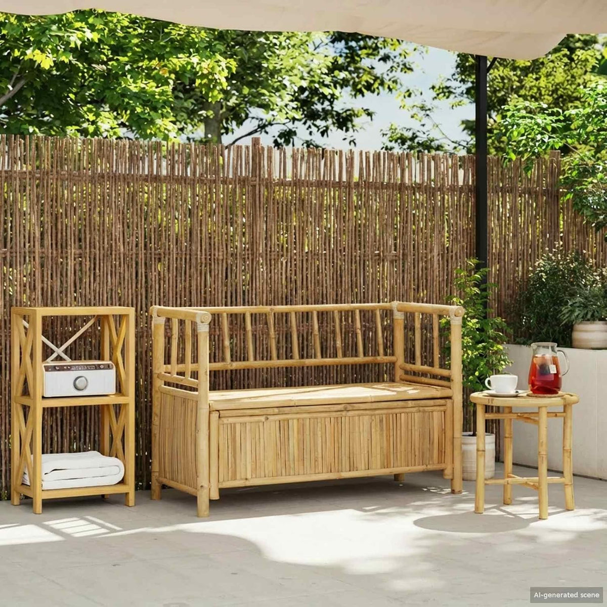 Bamboo Garden Storage Bench, Outdoor Patio Seating with Hidden Storage Compartment, 43.3 x 18.5 x 31.5 Inch Rectangular Wood Bench for Backyard, Balcony, Indoor and Outdoor Use